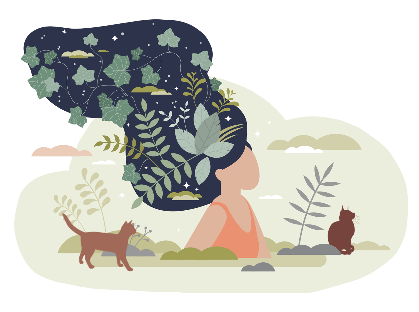 A digitally drawn image of a woman with wild hair and foliage surrounded by cats